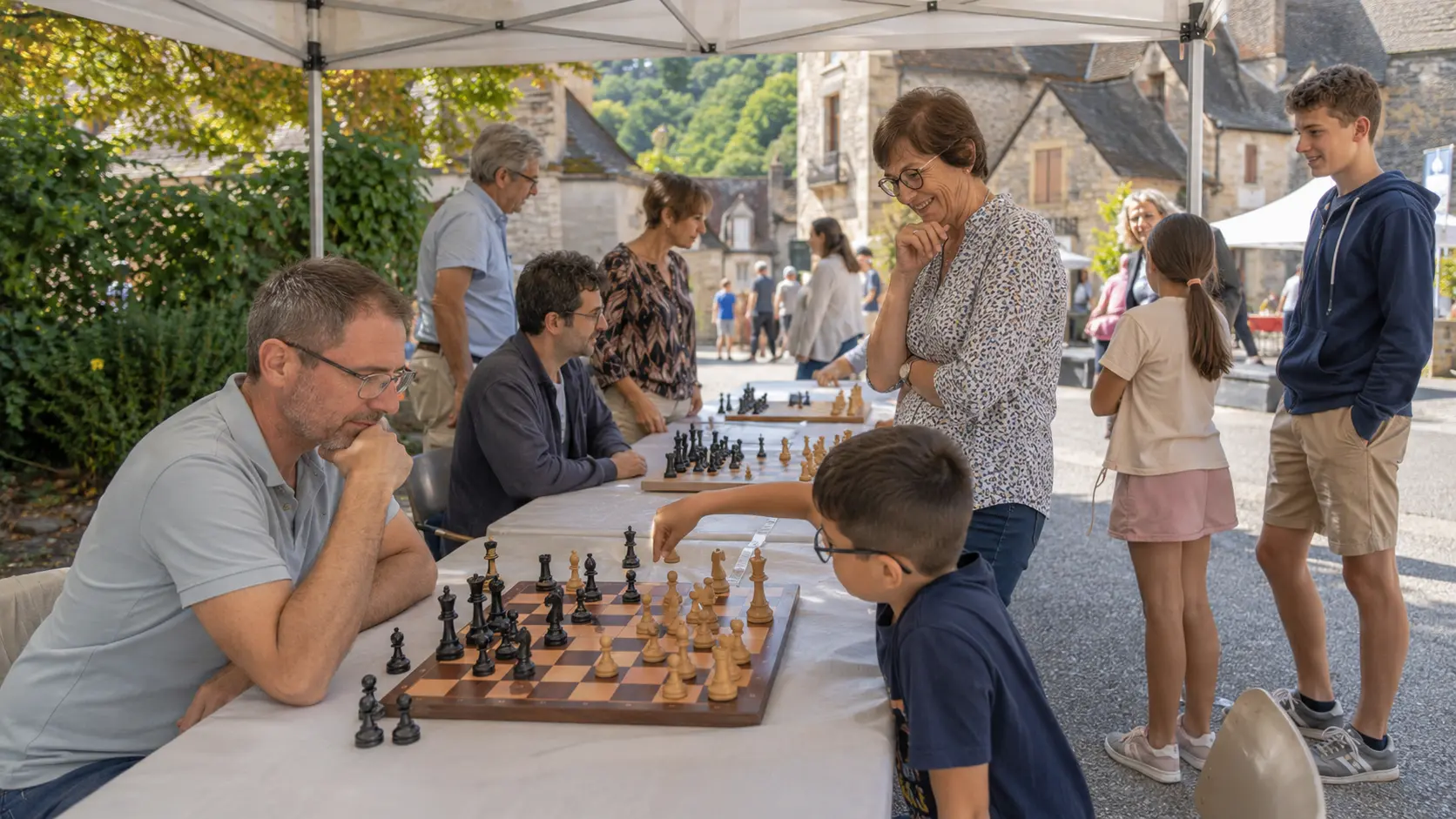 Adultes et jeunes réunis autour des échiquiers sous un stand lors d’une fête de village