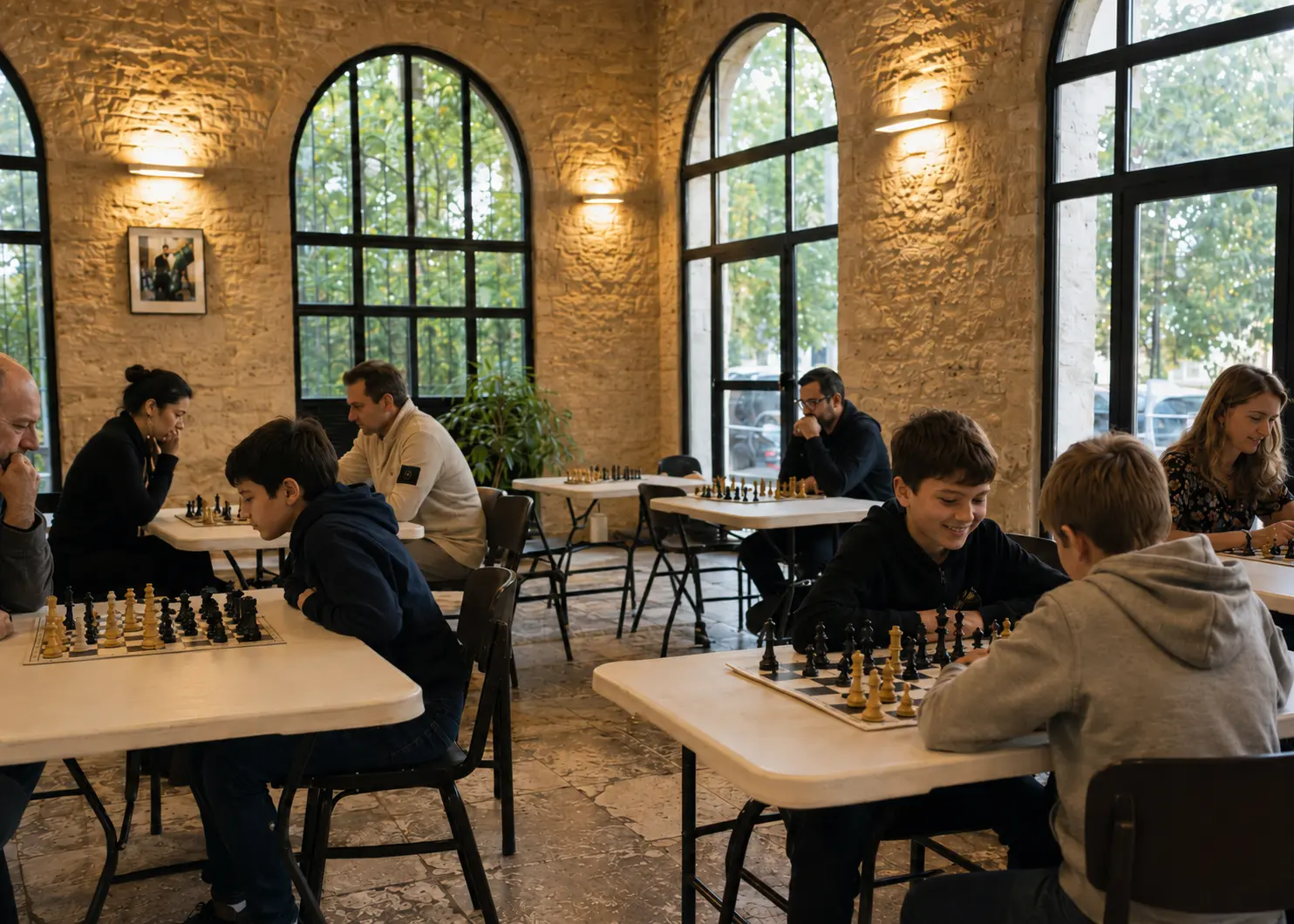 Joueuses et joueurs réunis autour des échiquiers dans la Salle de la Halle