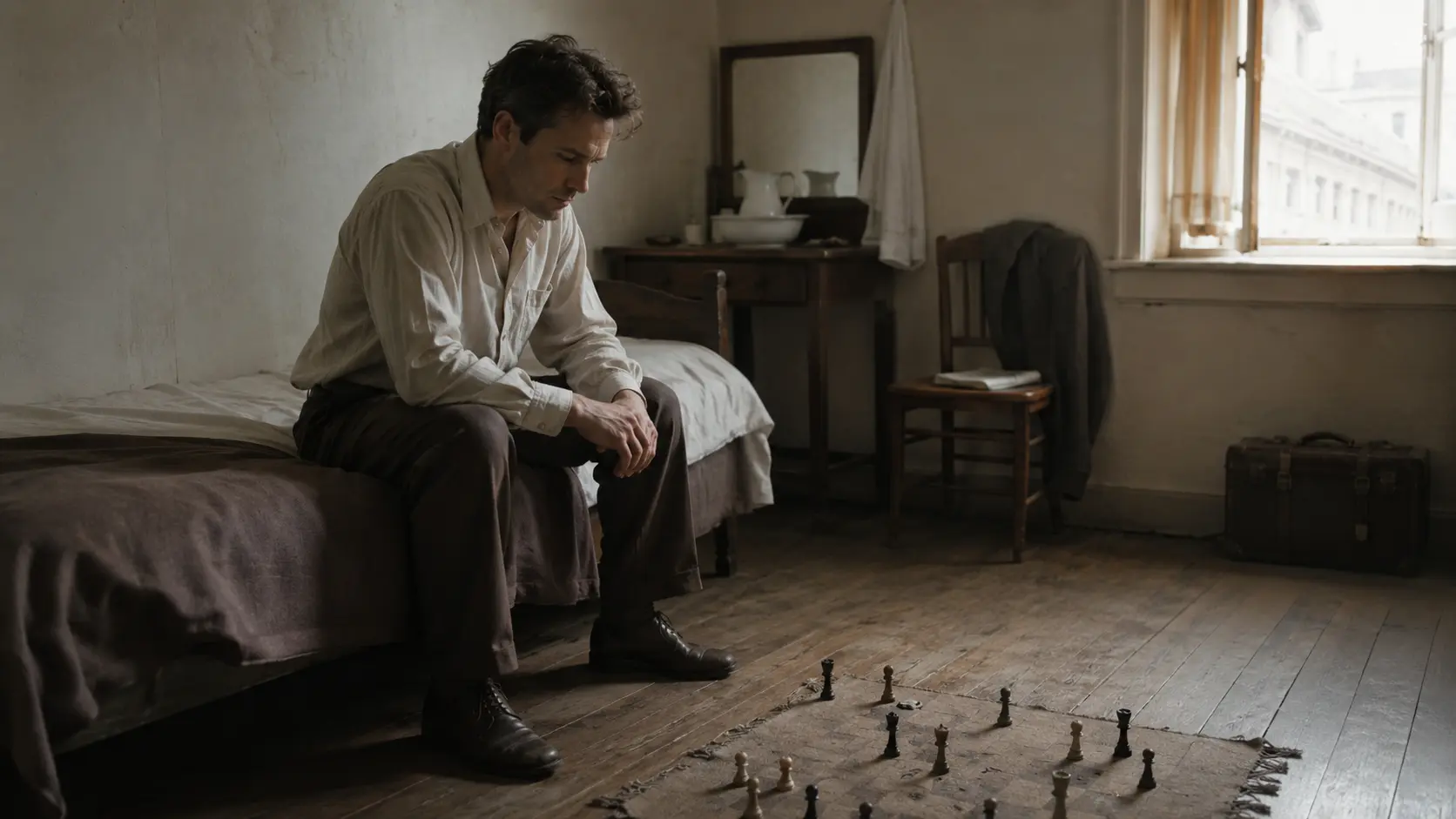 Un homme isolé dans une chambre austère face à un échiquier improvisé, évocation du film Le Joueur d’échecs de Philipp Stölzl.