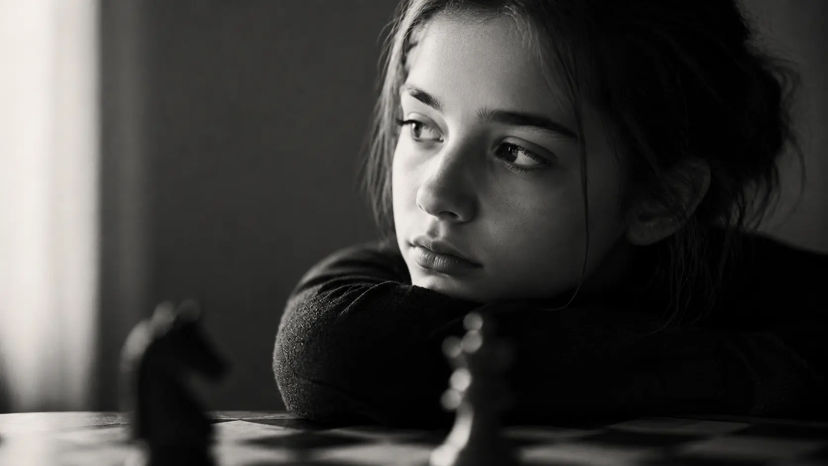 Une jeune femme pensive devant un échiquier, dans une photographie en noir et blanc