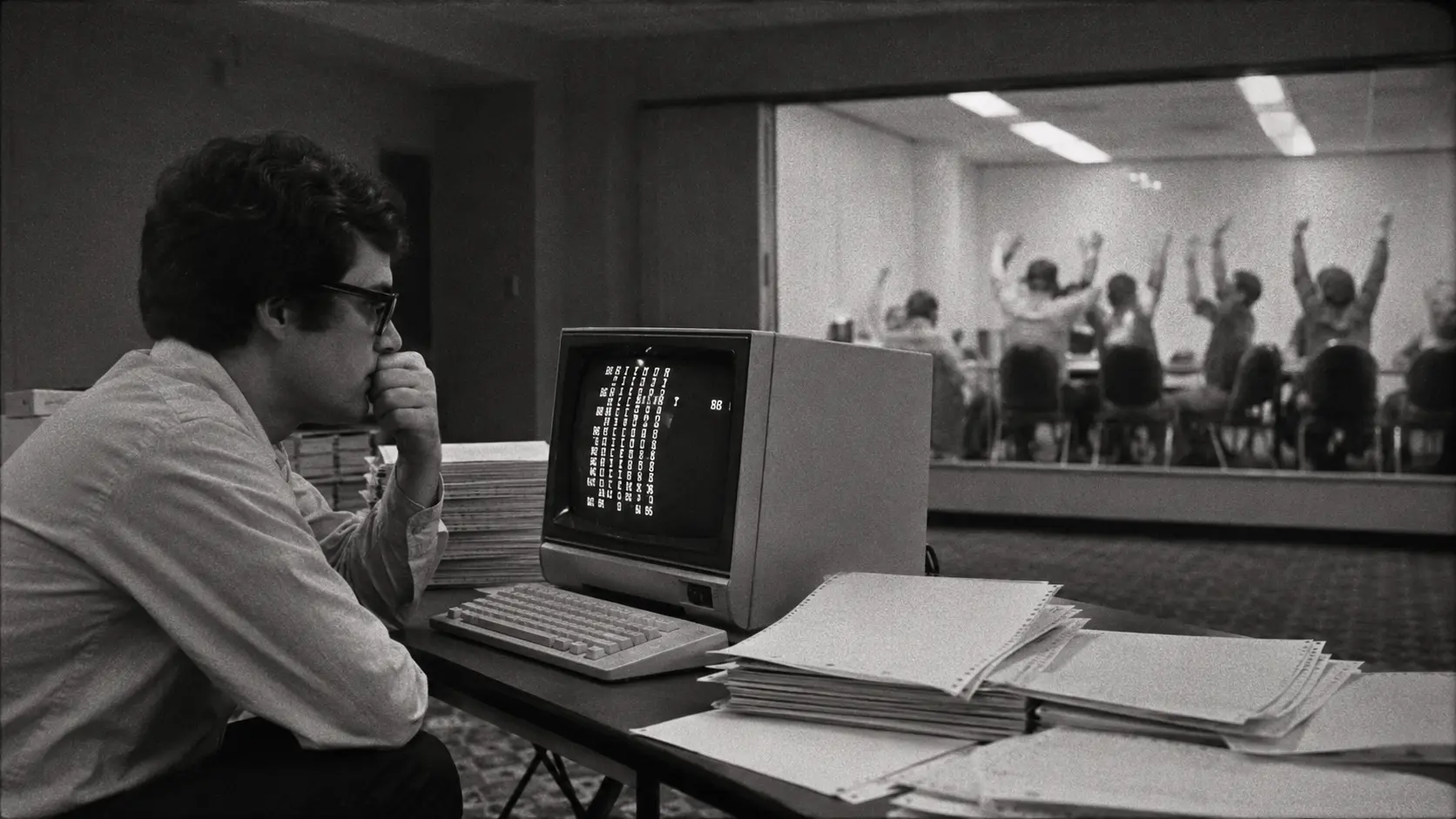 Jeune programmeur devant un ordinateur des années 1980.