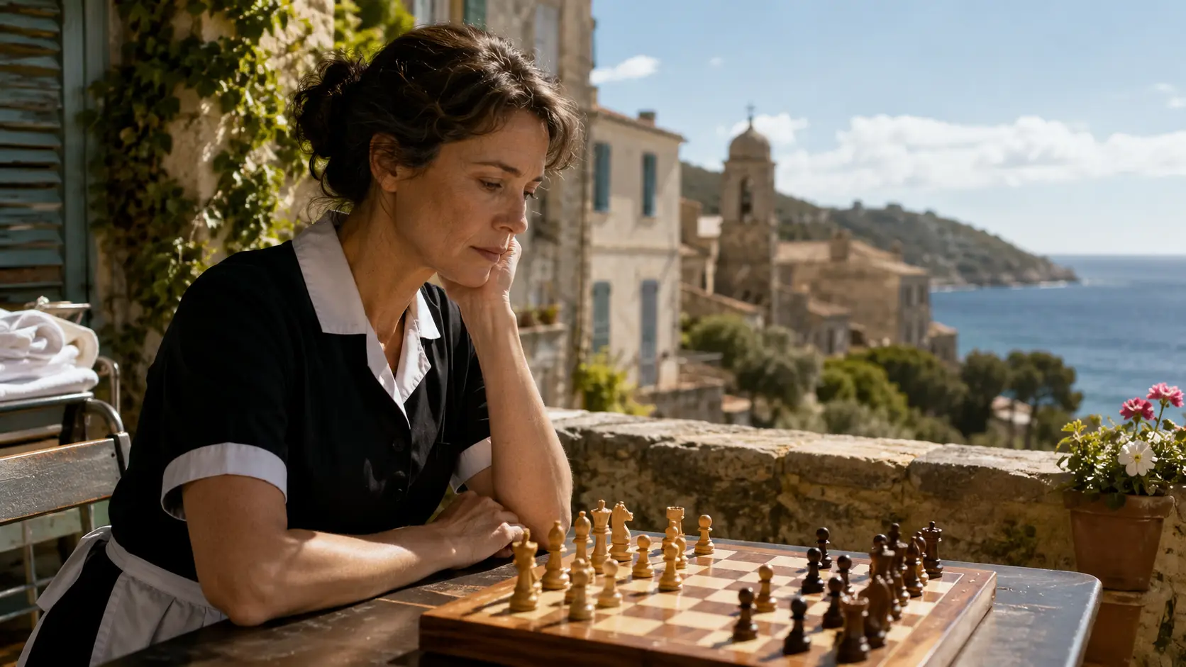 Une femme joue seule aux échecs sur une terrasse