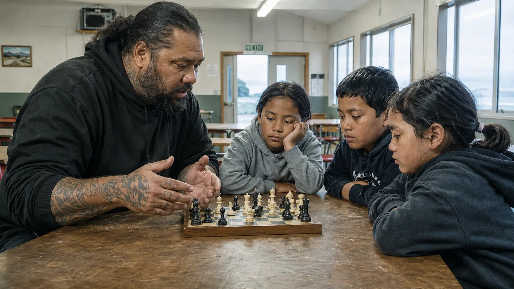 Genesis Potini explique une position d’échecs à trois enfants