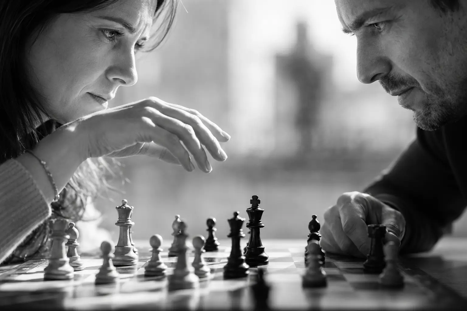 Deux personnes observent attentivement la position avant de jouer