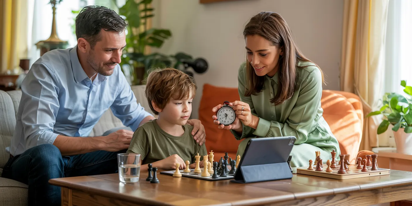 Illustration d’une famille accompagnant un enfant dans l’apprentissage des échecs