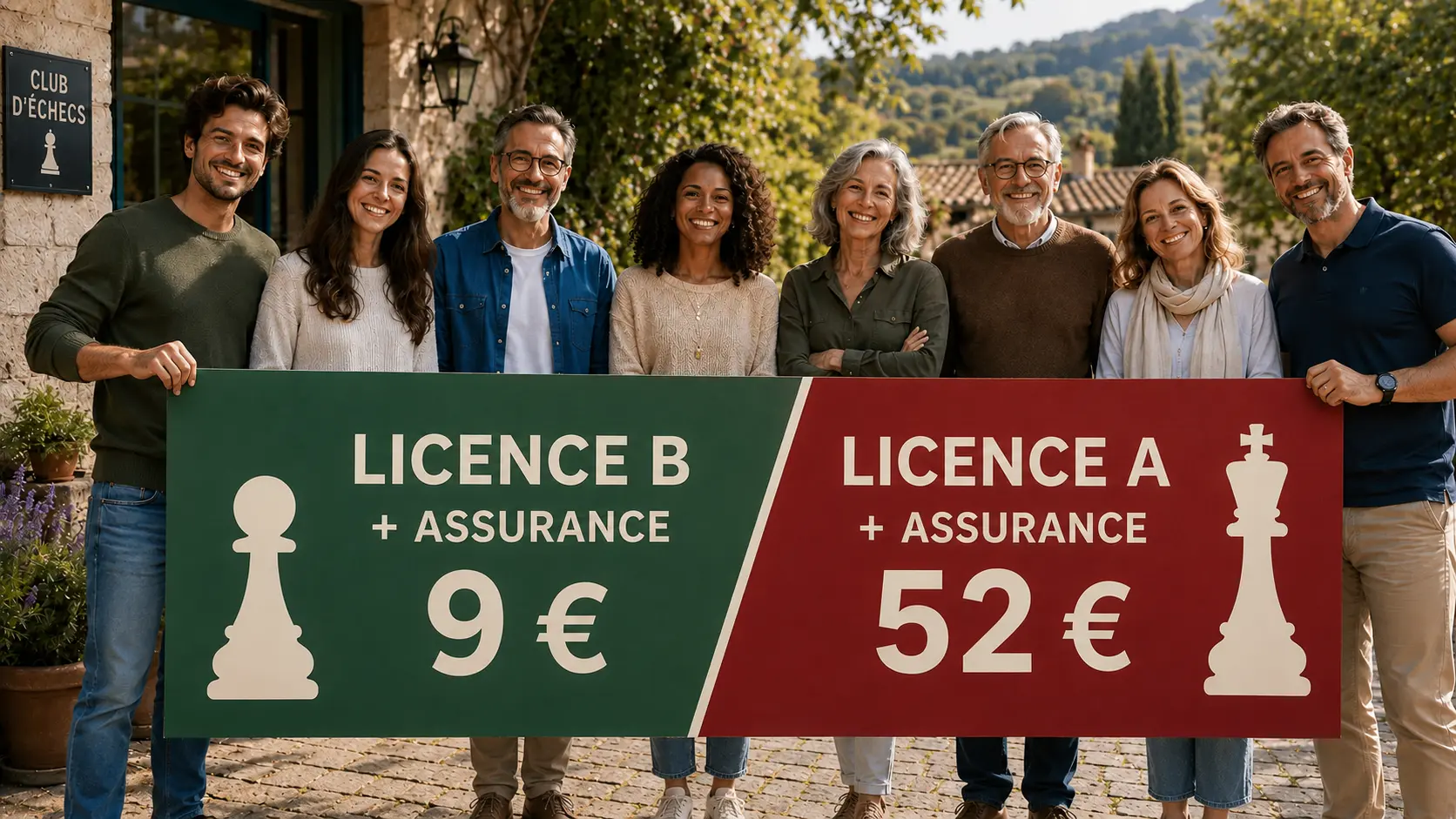 Groupe d’adultes de plusieurs générations tenant une banderole de tarifs Licence B et Licence A