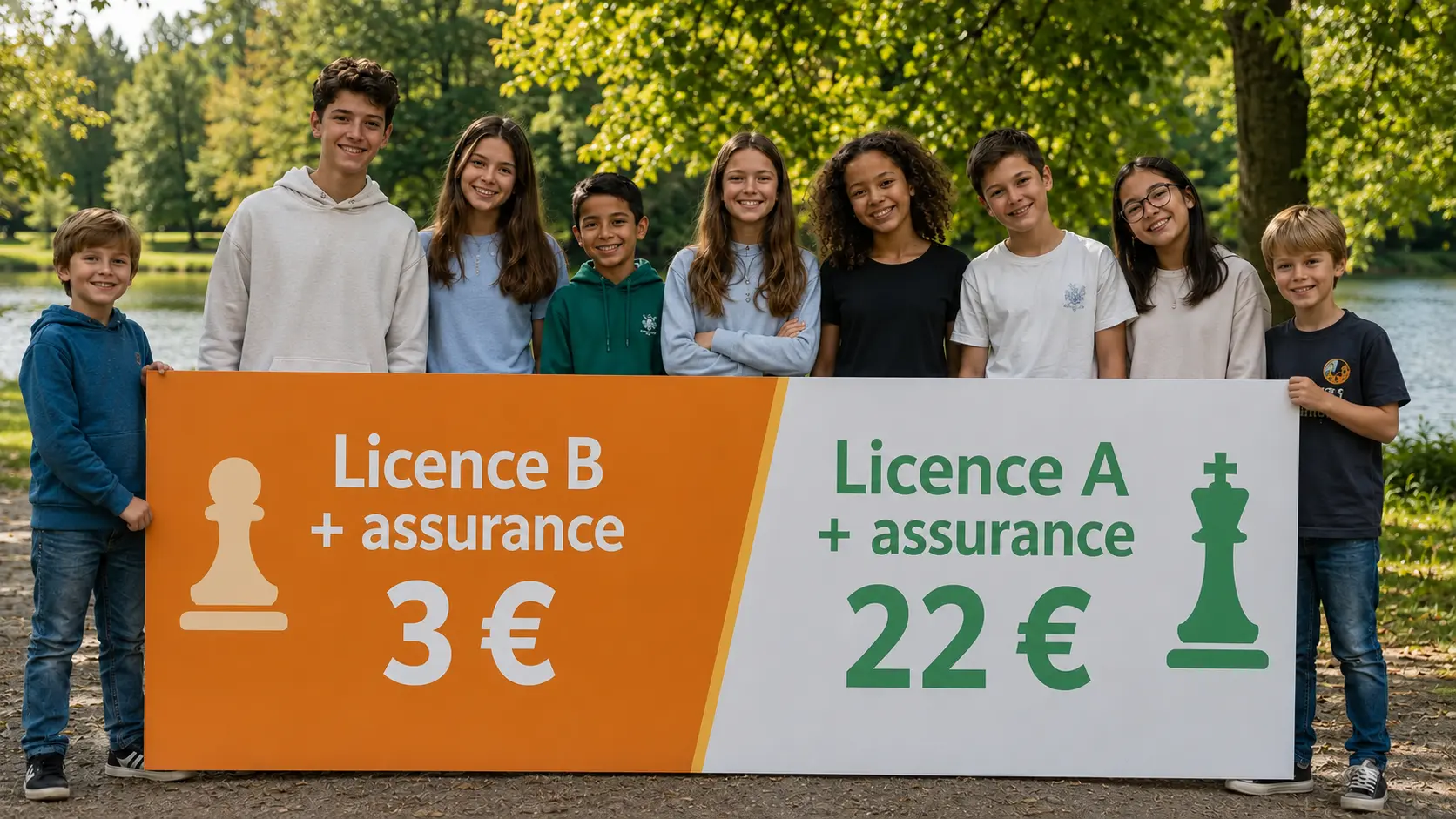 Groupe d’enfants tenant une banderole de tarifs Licence B et Licence A