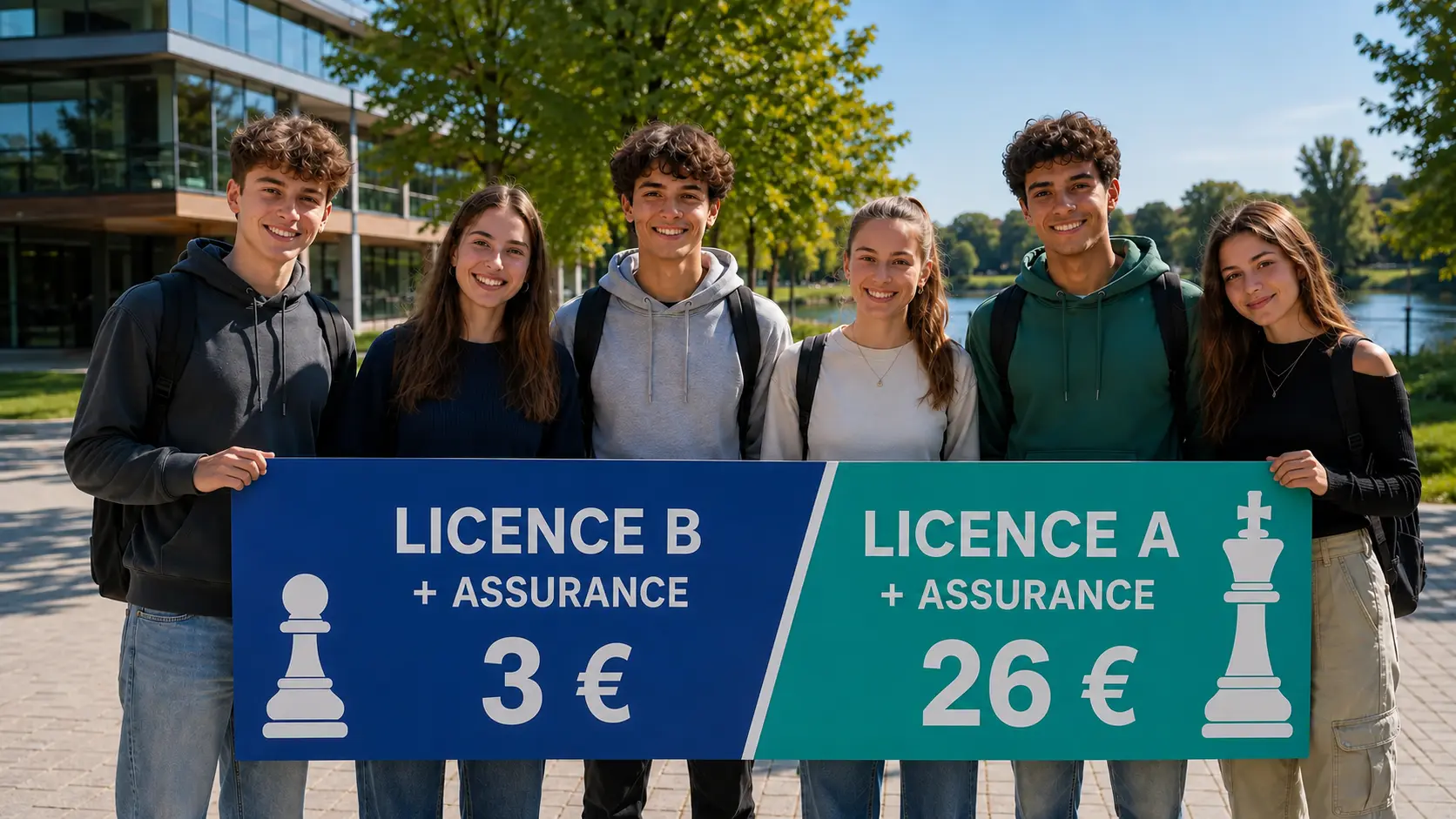 Groupe de jeunes adultes tenant une banderole de tarifs Licence B et Licence A